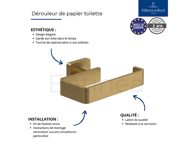 Dérouleur de papier toilette sans couvercle + Ensemble brosse WC VILLEROY ET BOCH Striking Chrome Gold brossé