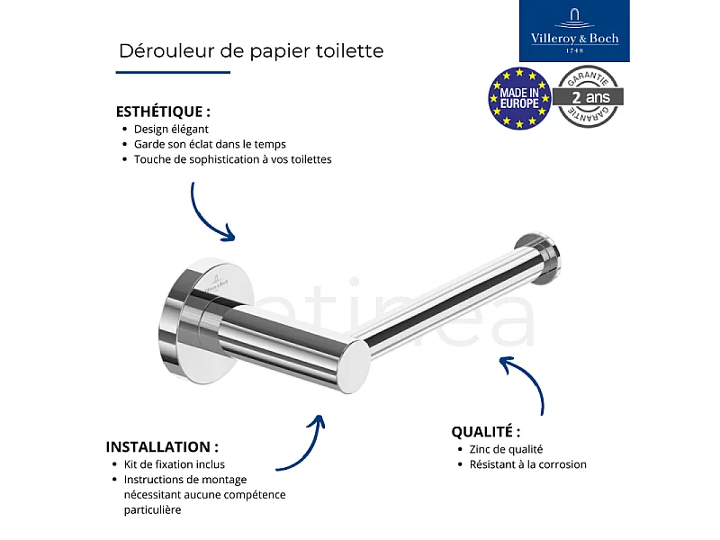 Dérouleur de papier toilette sans couvercle + Ensemble brosse WC VILLEROY & BOCH Elements Tender