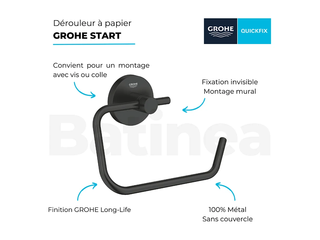 Dérouleur de papier mural WC GROHE Start noir mat + microfibre