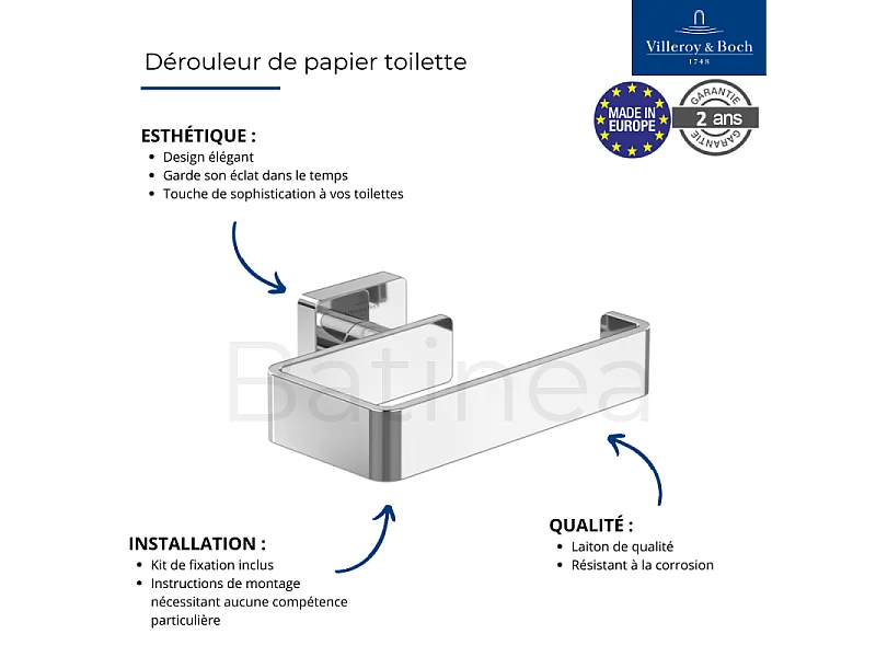 Dérouleur de papier toilette sans couvercle + Ensemble brosse WC VILLEROY ET BOCH Striking Chrome