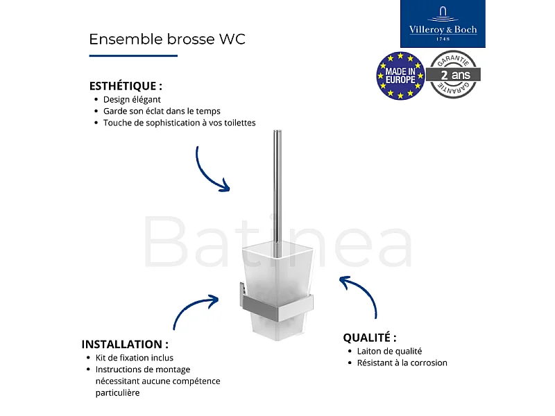 Dérouleur de papier toilette sans couvercle + Ensemble brosse WC VILLEROY ET BOCH Striking Chrome