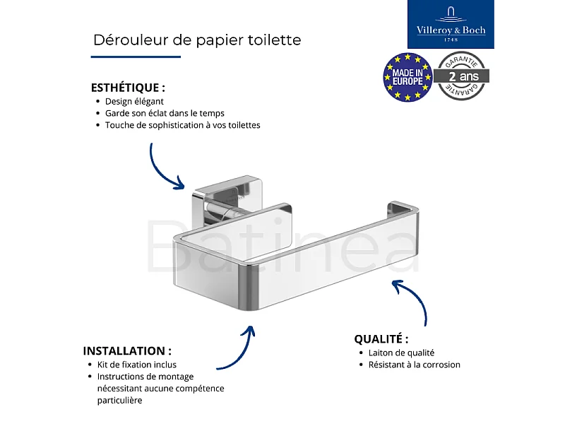 Dérouleur de papier toilette sans couvercle + Ensemble brosse WC VILLEROY ET BOCH Striking Chrome