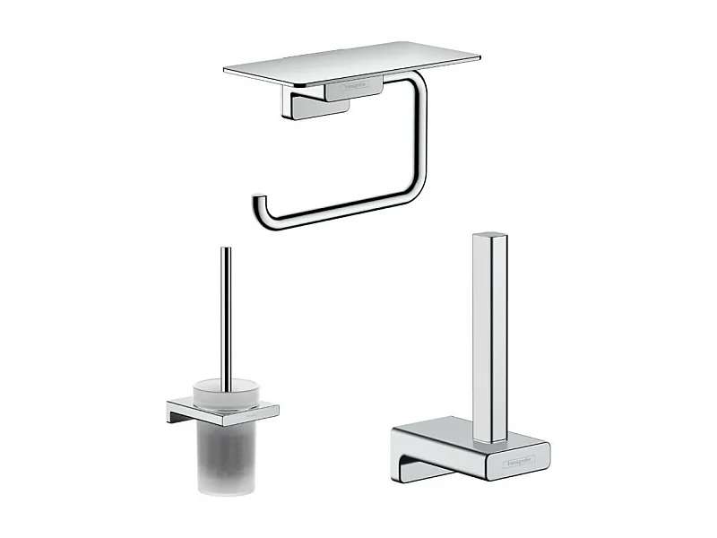 Porte-brosse WC HANSGROHE Addstoris + Porte-papier WC avec tablette chromé Hansgrohe AddStoris + Réserve porte-papier chromé