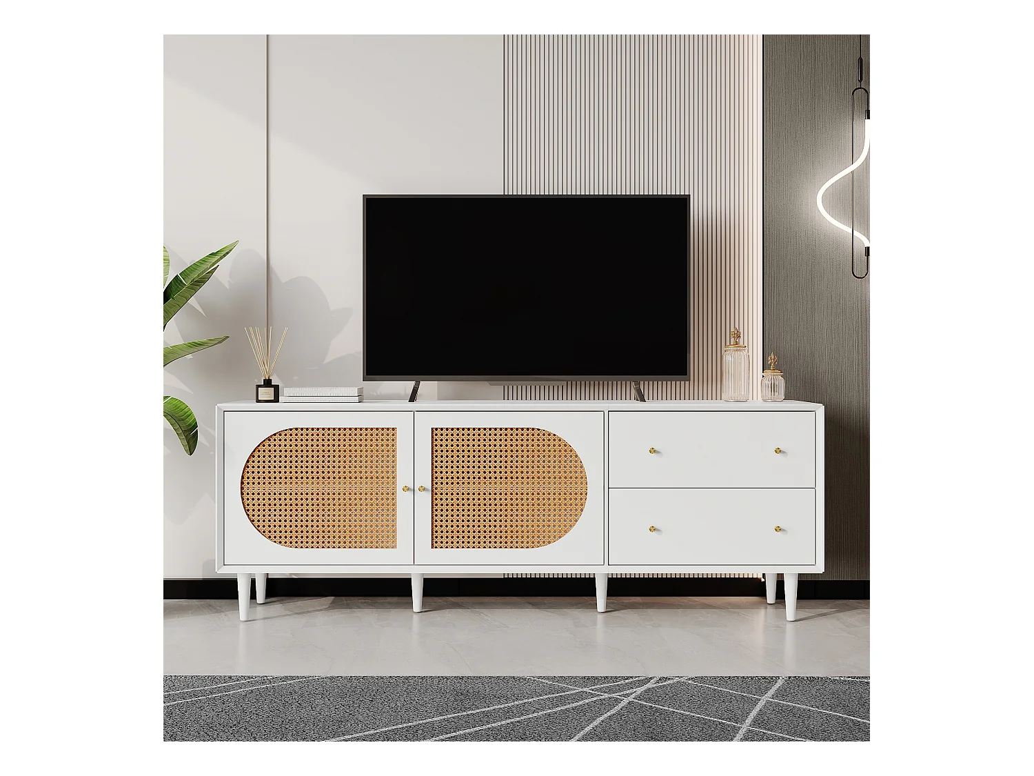 Meuble TV 180x40x65 cm pieds en bois véritable, 2 tiroirs et 2 portes en Rotin - Blanc