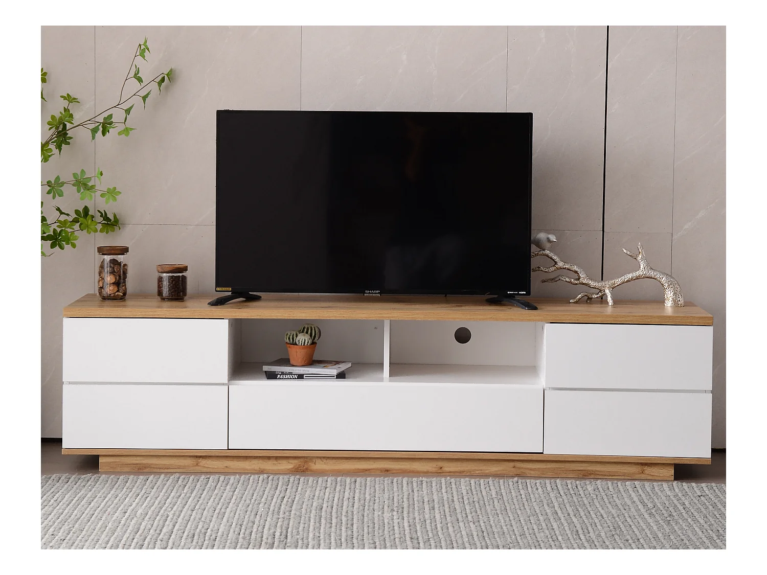 Meuble TV blanc avec 2 compartiments ouverts et 5 portes - 180x38x46 cm