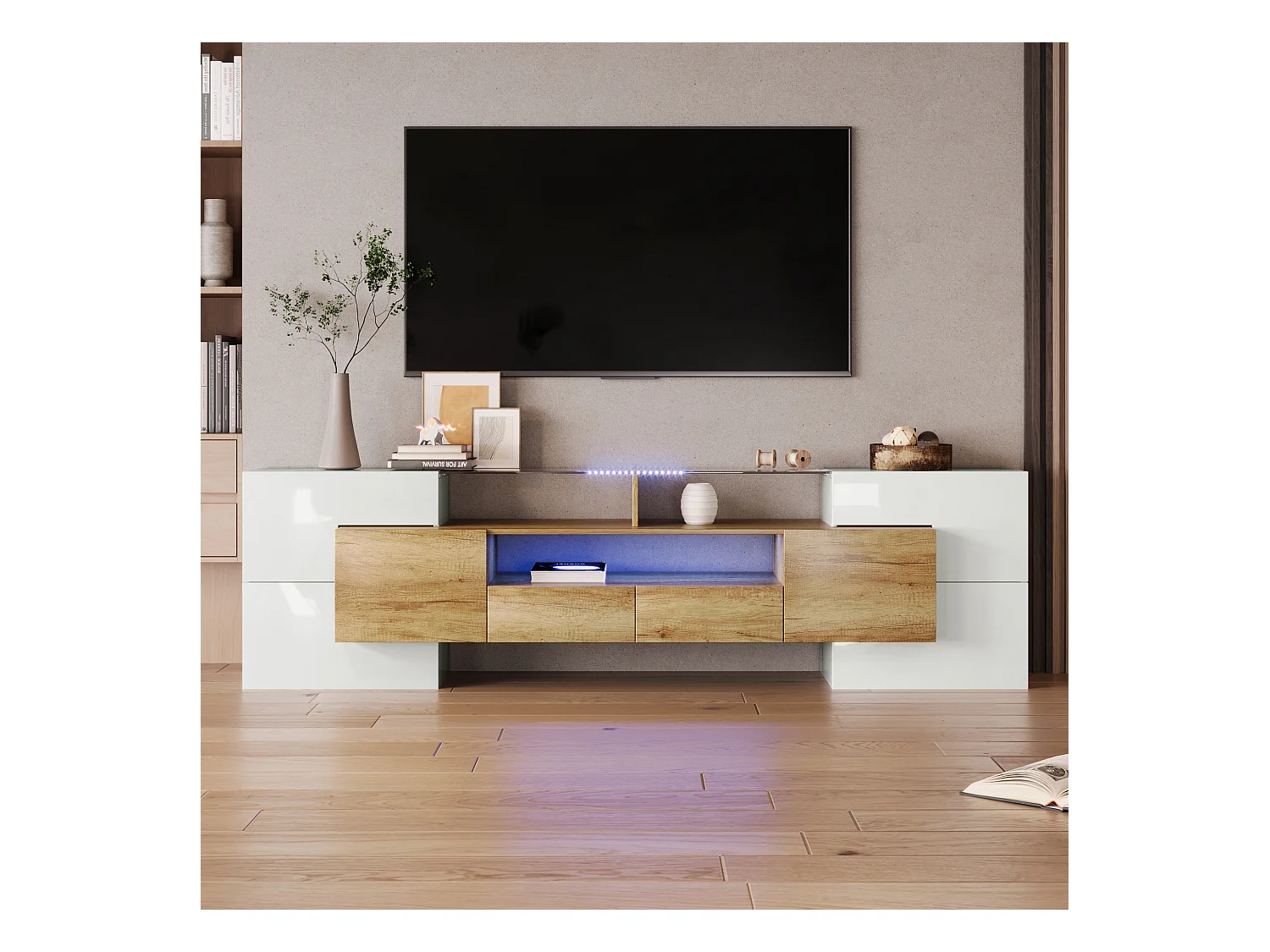 Meuble TV 200 cm, blanc brillant et naturel, avec LED et plateau en verre – 6 portes, tiroirs rangement, Design moderne salon