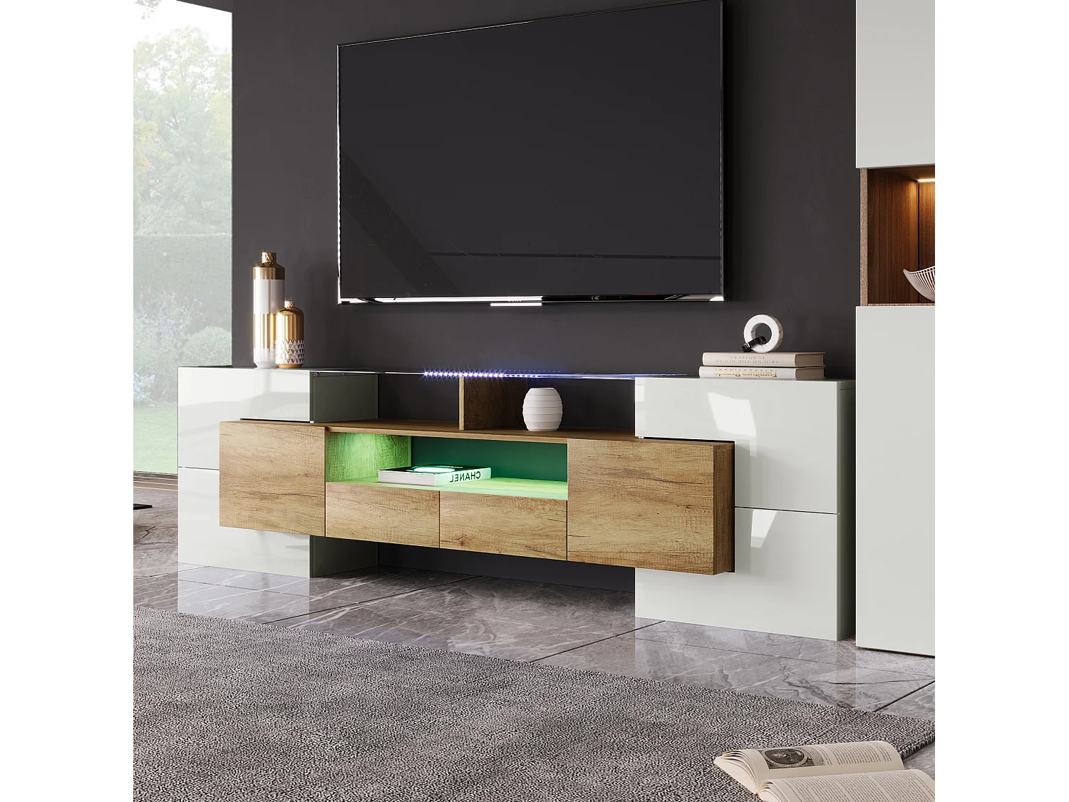 Meuble TV 200 cm, blanc brillant et naturel, avec LED et plateau en verre – 6 portes, tiroirs rangement, Design moderne salon