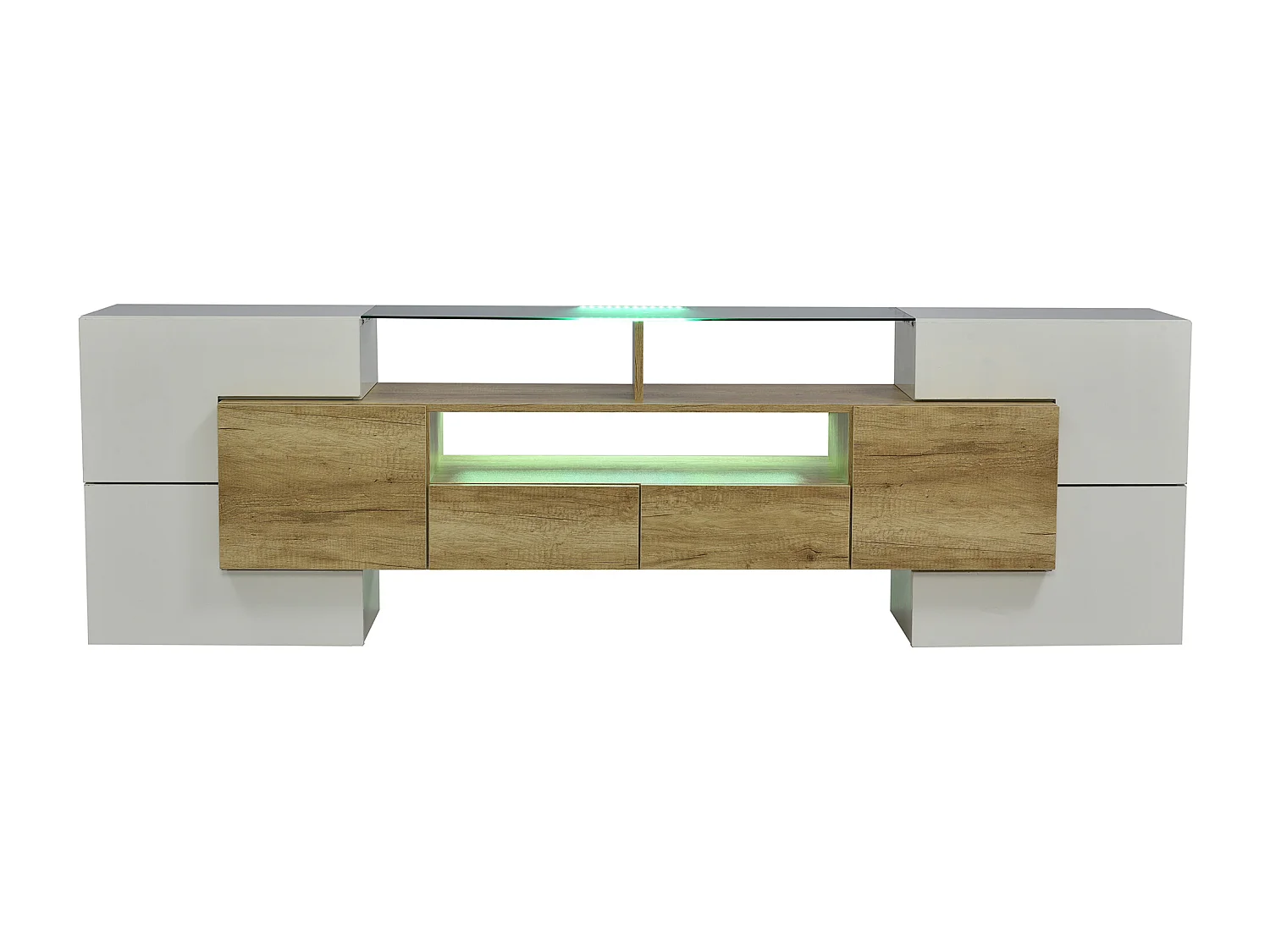 Meuble TV 200 cm, blanc brillant et naturel, avec LED et plateau en verre – 6 portes, tiroirs rangement, Design moderne salon
