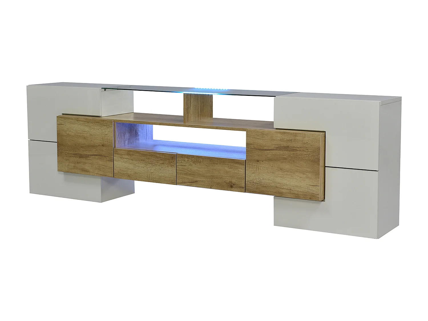 Meuble TV 200 cm, blanc brillant et naturel, avec LED et plateau en verre – 6 portes, tiroirs rangement, Design moderne salon