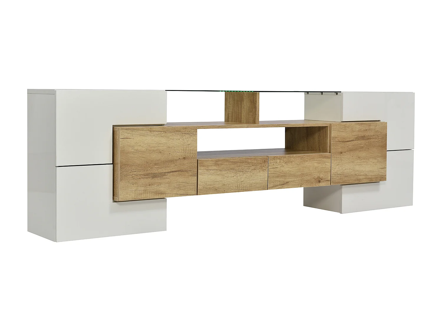 Meuble TV 200 cm, blanc brillant et naturel, avec LED et plateau en verre – 6 portes, tiroirs rangement, Design moderne salon
