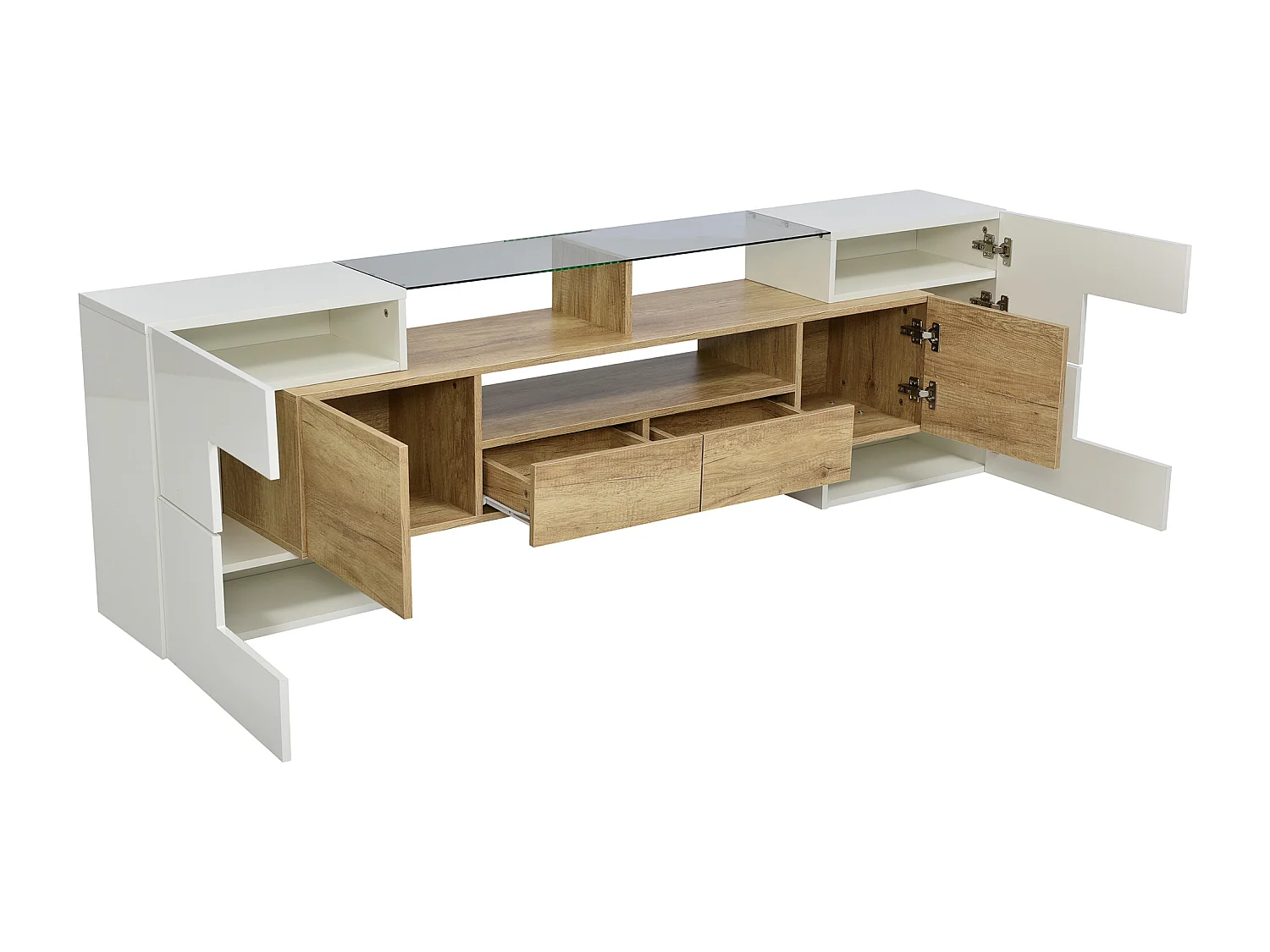 Meuble TV 200 cm, blanc brillant et naturel, avec LED et plateau en verre – 6 portes, tiroirs rangement, Design moderne salon