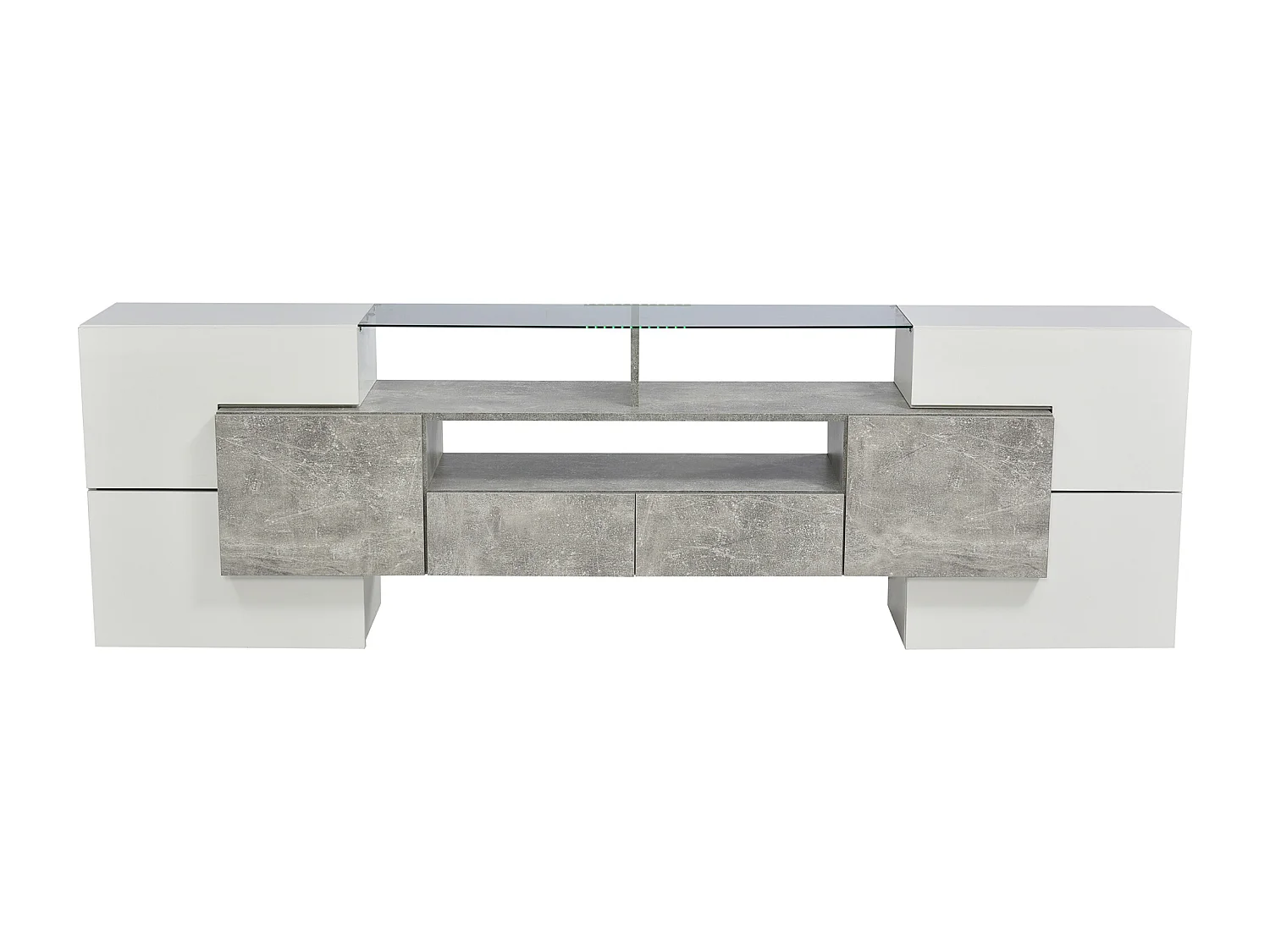 Meuble TV 200 cm, blanc brillant et gris, avec LED et plateau en verre – 6 portes, tiroirs rangement, Design moderne salon
