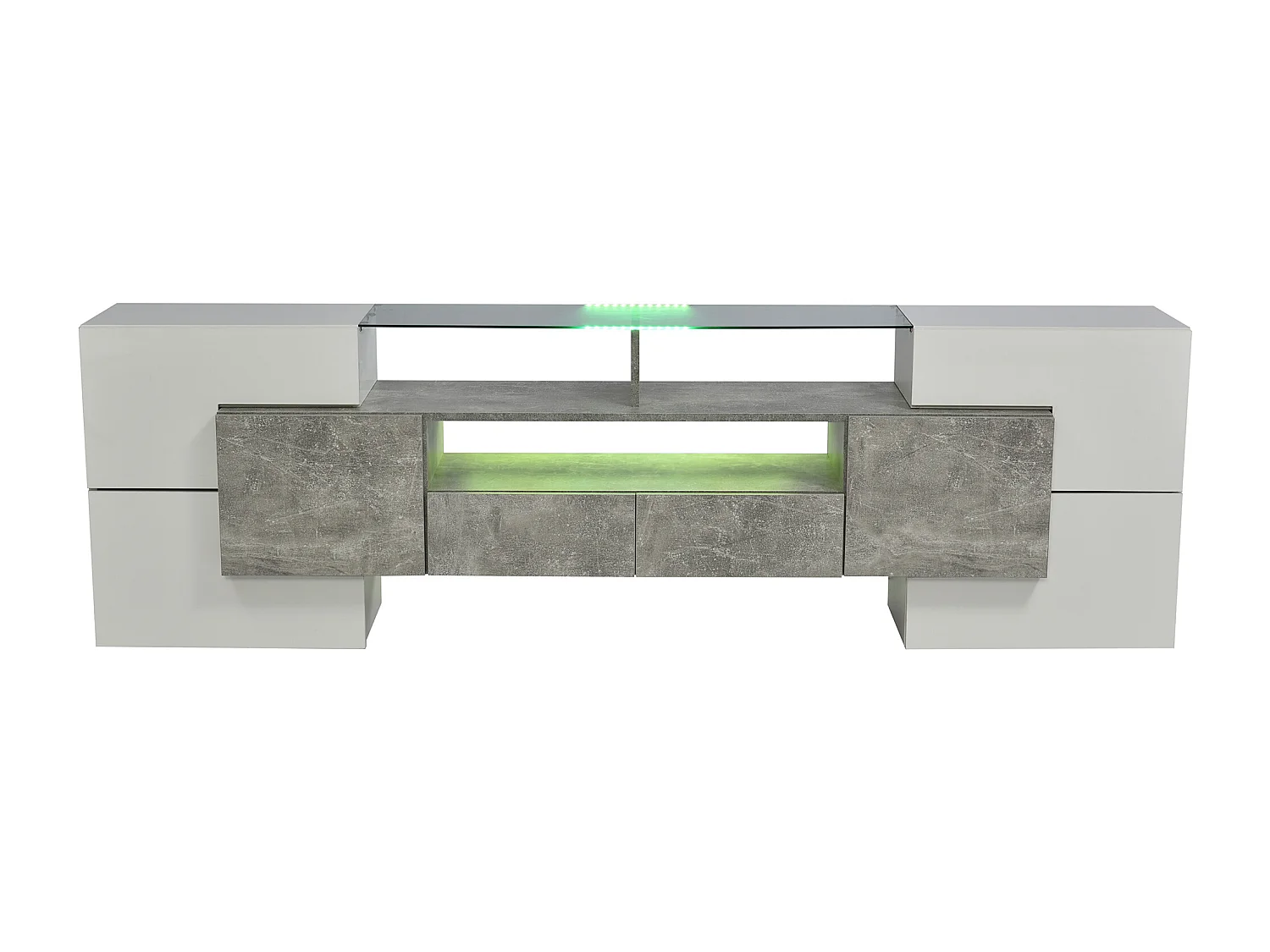 Meuble TV 200 cm, blanc brillant et gris, avec LED et plateau en verre – 6 portes, tiroirs rangement, Design moderne salon