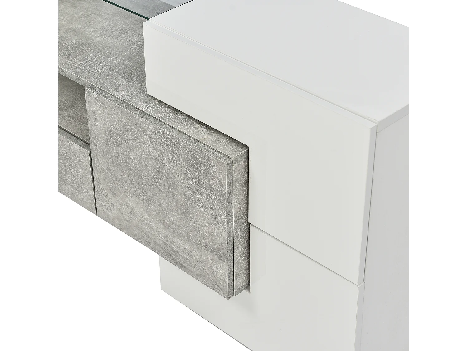 Meuble TV 200 cm, blanc brillant et gris, avec LED et plateau en verre – 6 portes, tiroirs rangement, Design moderne salon