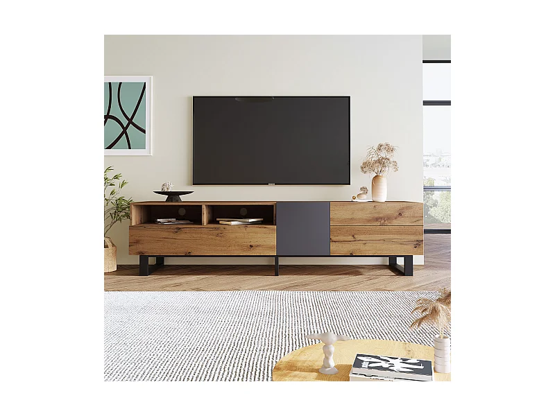 Meuble TV moderne aux couleurs contrastées avec grain de bois 180 cm