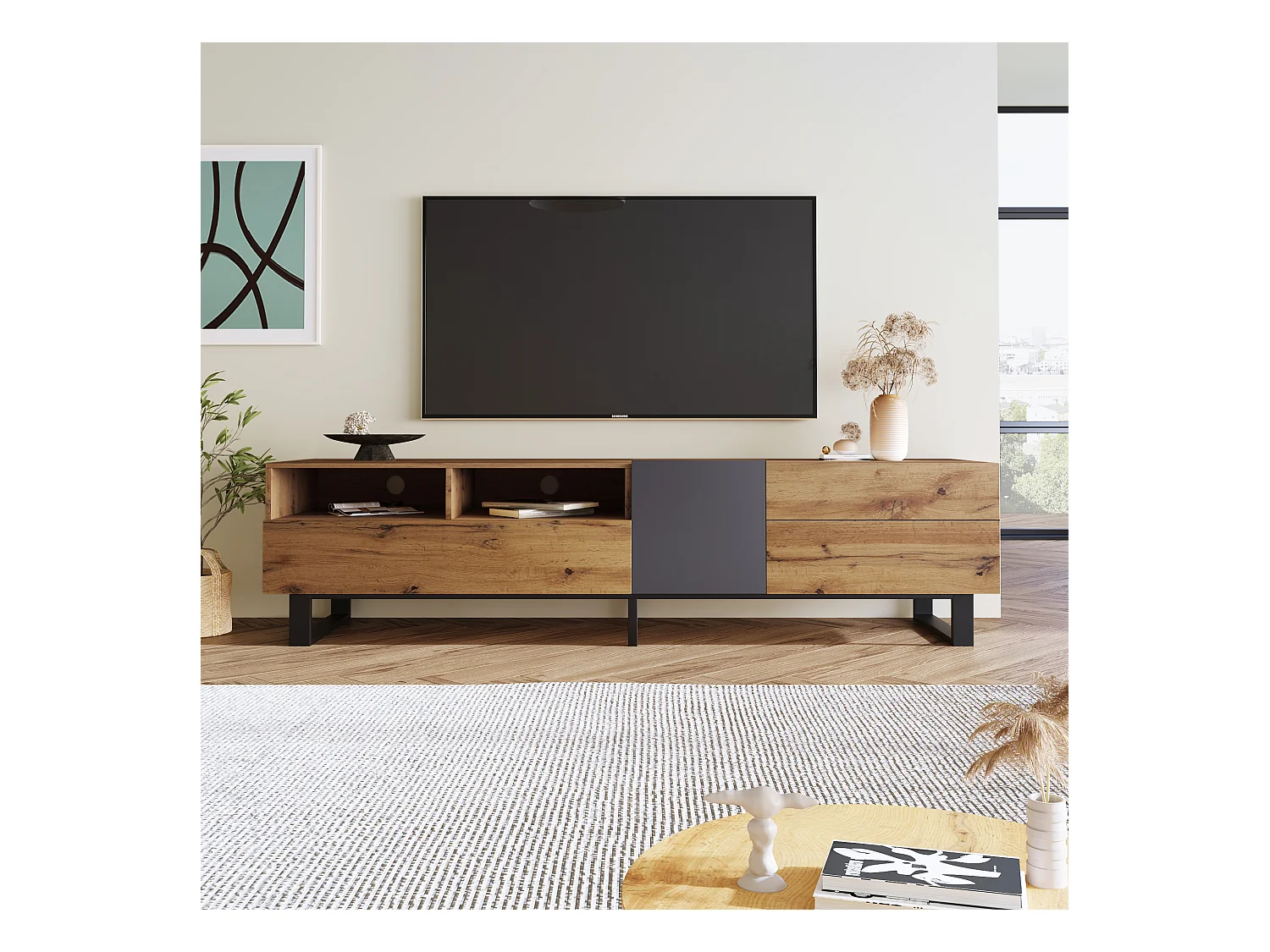 Meuble TV moderne aux couleurs contrastées avec grain de bois 180 cm