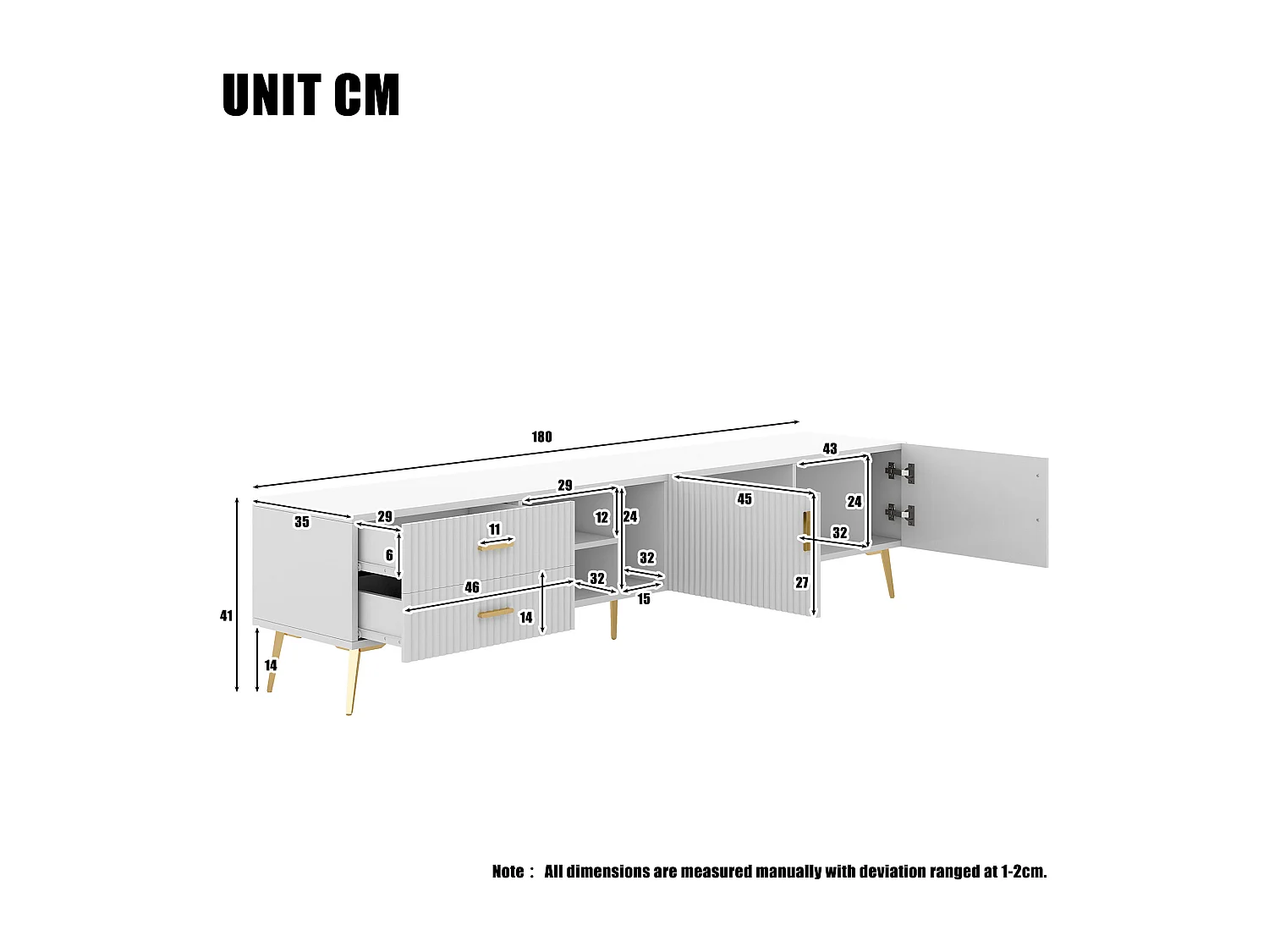 Meuble TV 180x35x41 cm pour téléviseurs 75 pouces Table basse - blanc