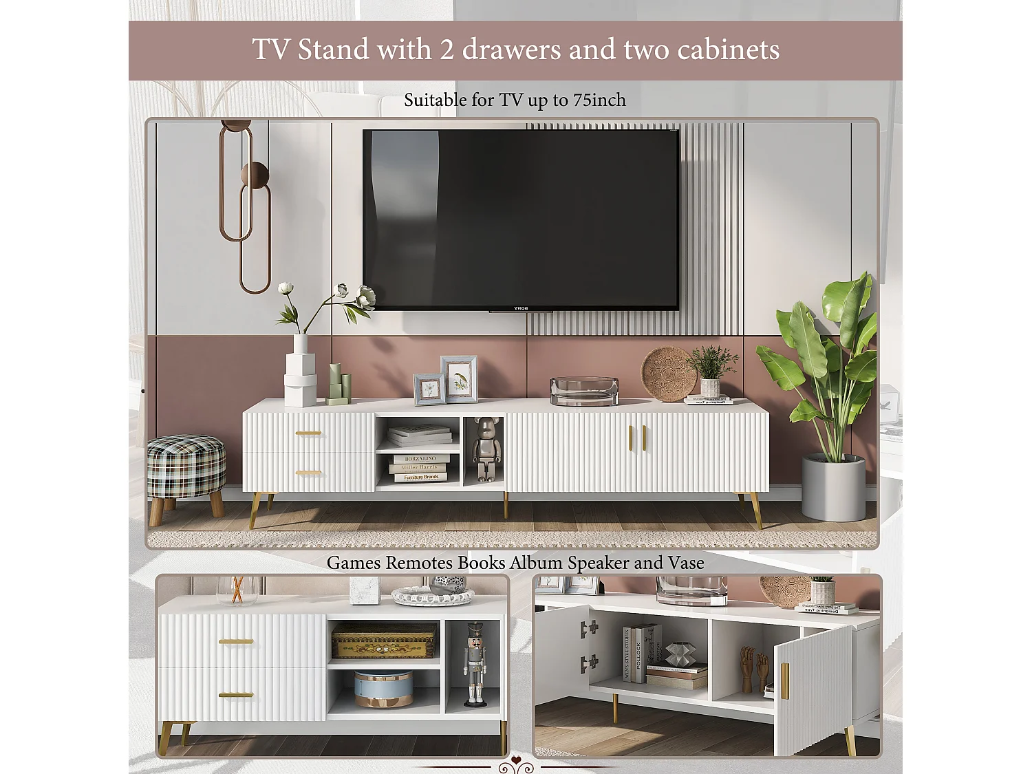 Meuble TV 180x35x41 cm pour téléviseurs 75 pouces Table basse - blanc