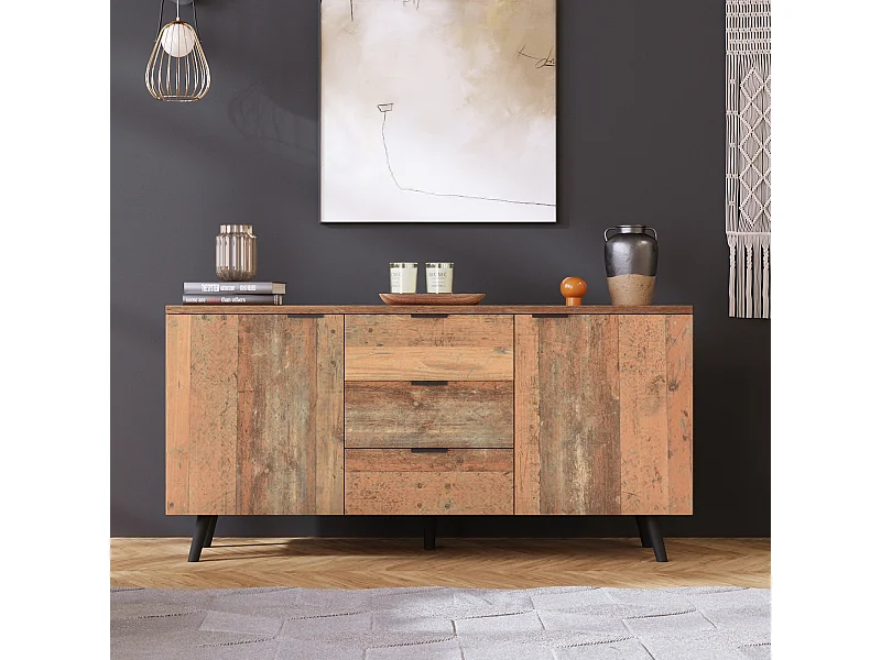 Aparador vintage de 140 cm con 3 cajones y estantes ajustables, color marrón - para salón y comedor