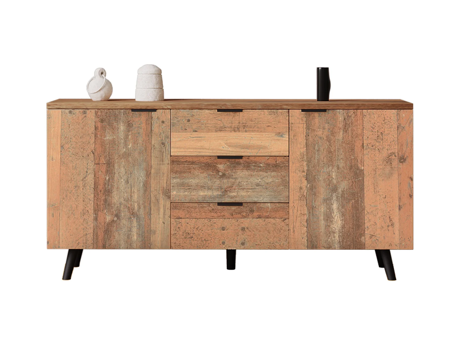 Meuble TV naturel avec 3 tiroirs et 2 portes, étagères réglables