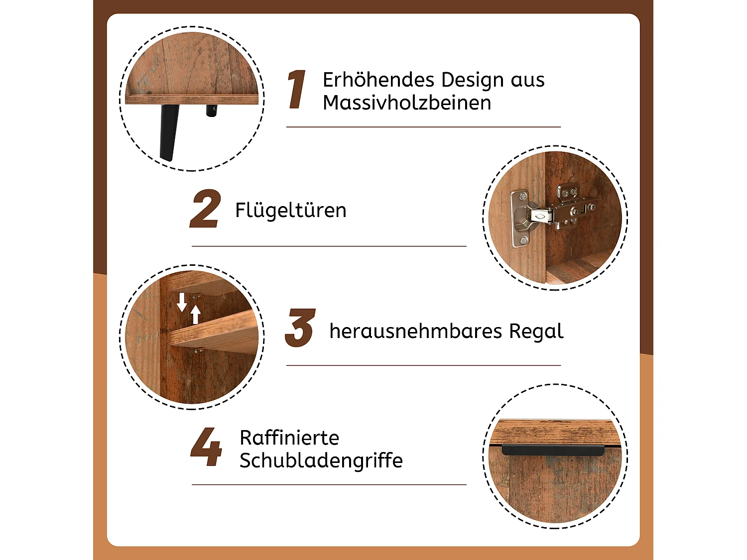 Meuble TV naturel avec 3 tiroirs et 2 portes, étagères réglables