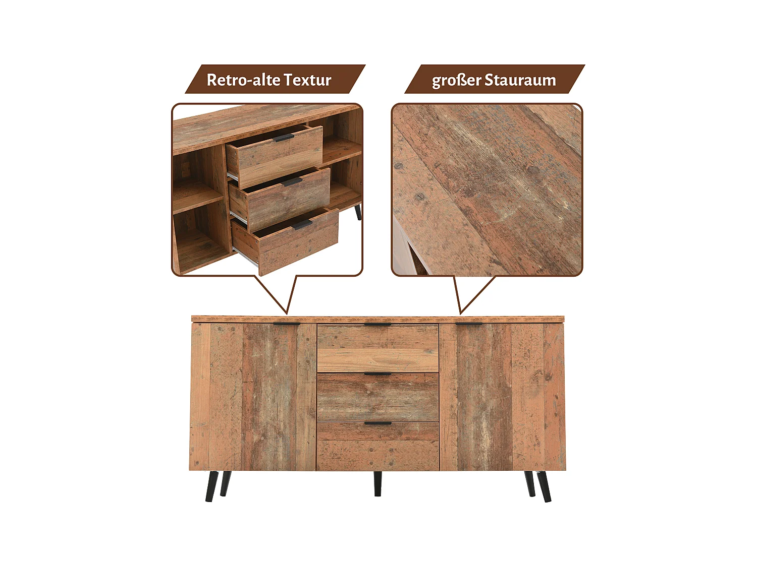 Komoda w stylu vintage 140 cm z 3 szufladami i regulowanymi półkami, brązowa - do salonu i jadalni