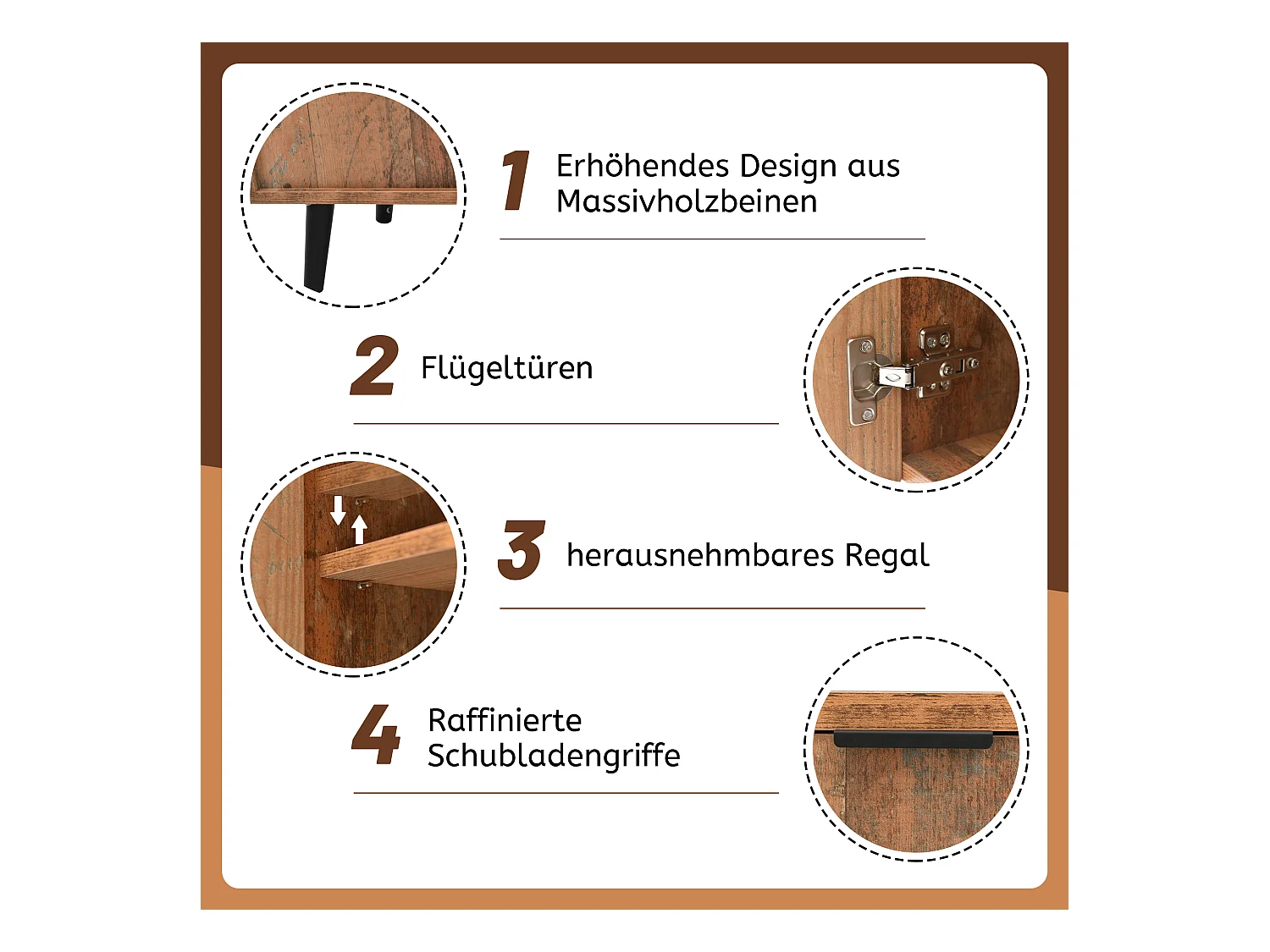 Komoda w stylu vintage 140 cm z 3 szufladami i regulowanymi półkami, brązowa - do salonu i jadalni