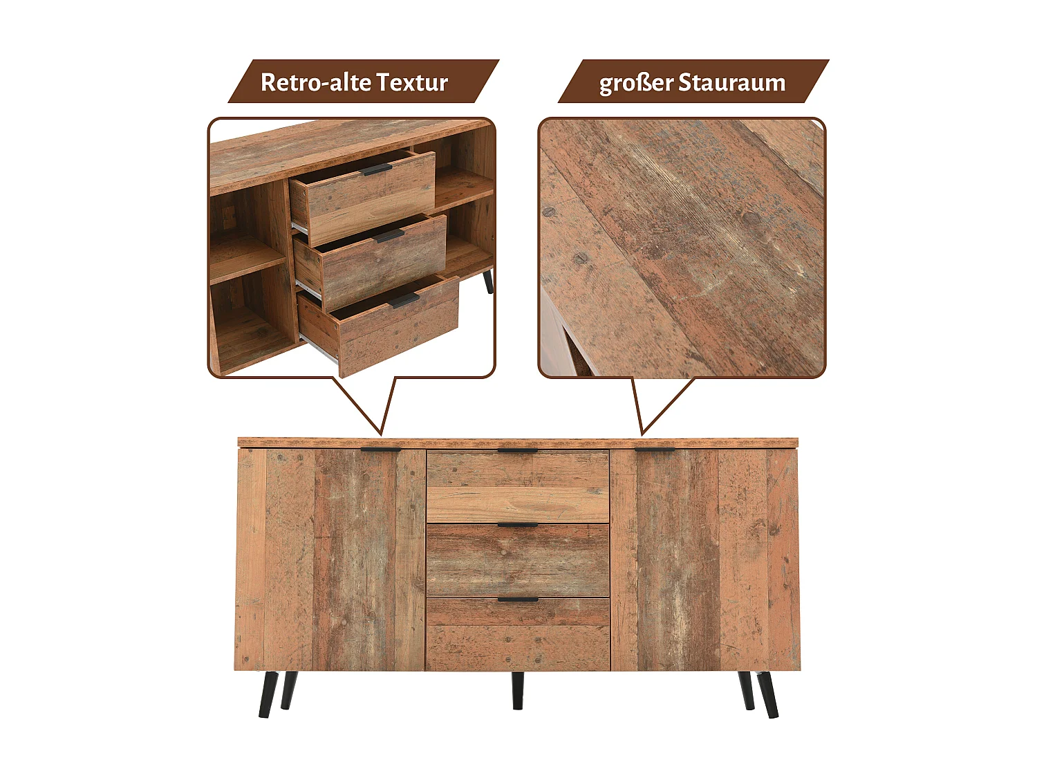 Meuble TV naturel avec 3 tiroirs et 2 portes, étagères réglables