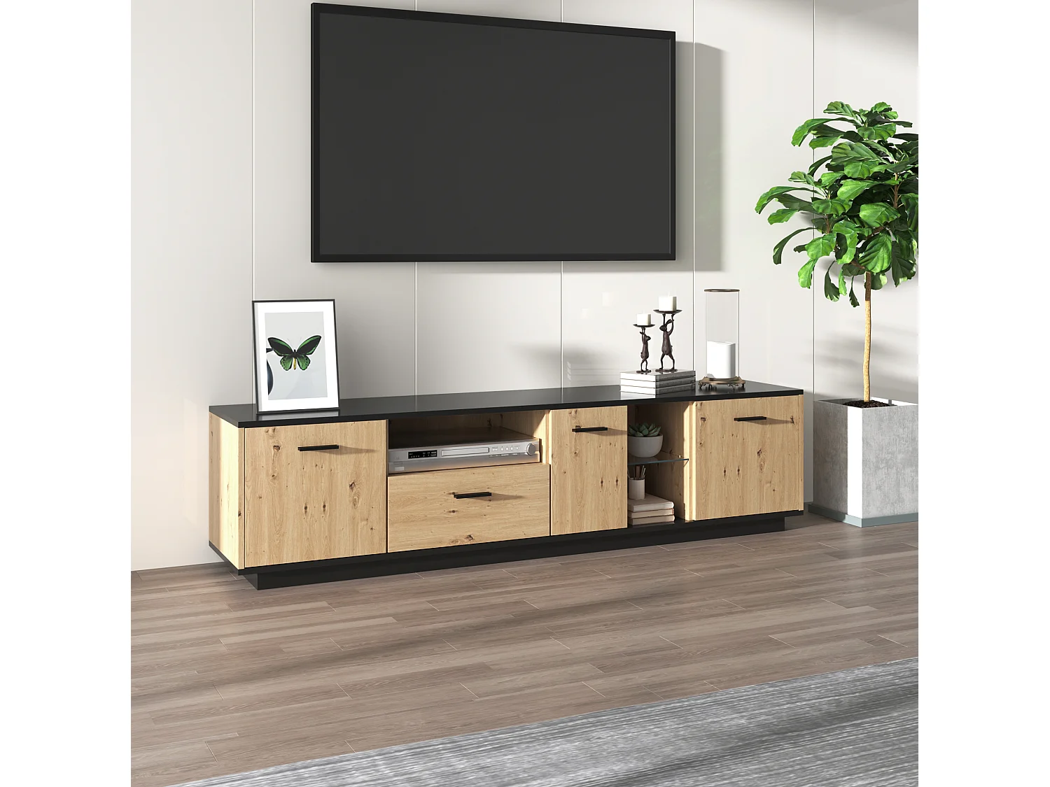 Meuble TV avec LED - 1 tiroir et 3 portes 2 compartiments ouverts en Verre - Noir et naturel