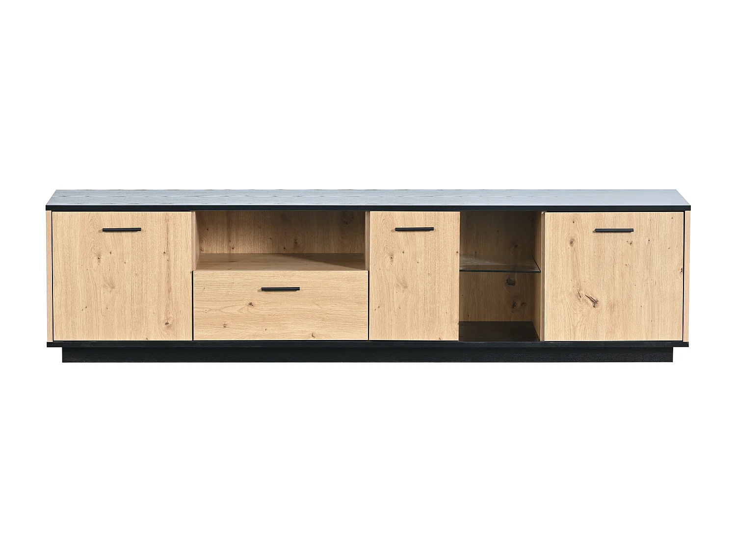 Meuble TV avec LED - 1 tiroir et 3 portes 2 compartiments ouverts en Verre - Noir et naturel