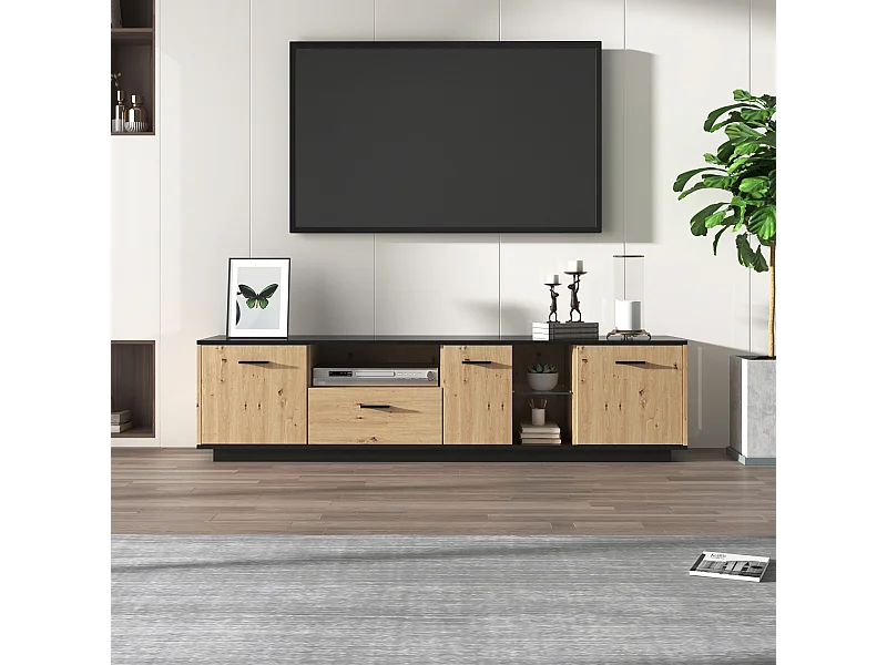 Meuble TV avec LED - 1 tiroir et 3 portes 2 compartiments ouverts en Verre - Noir et naturel