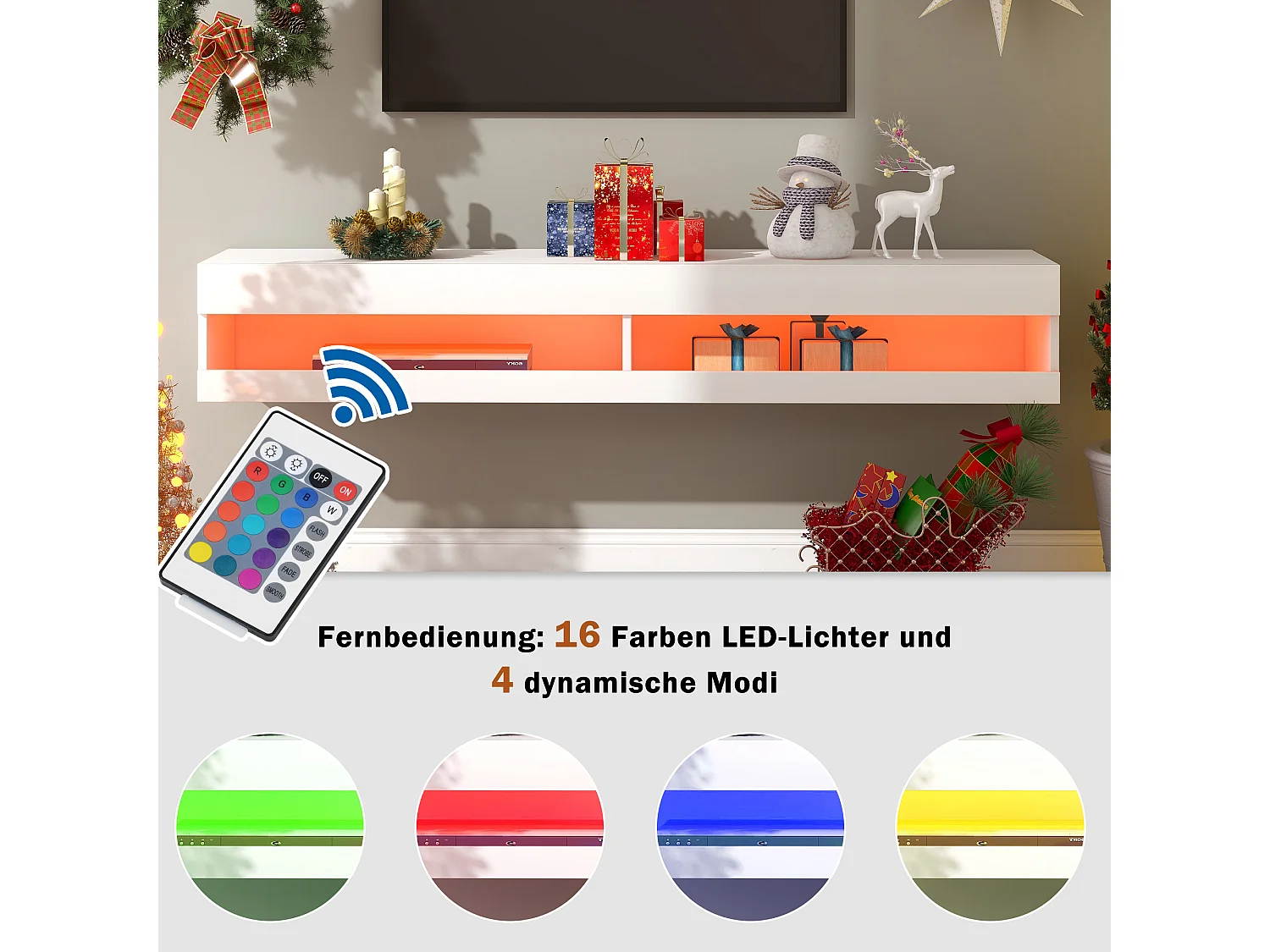 Meuble TV 140x40x30.5 cm LED Suspendu en marbe - Blanc