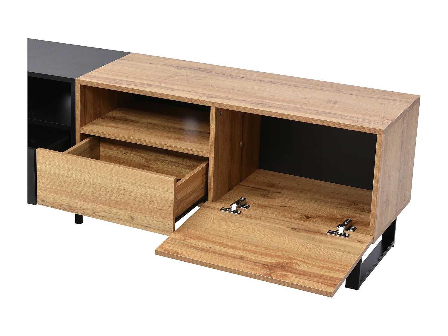 Meuble TV moderne 190x38x48 cm avec grande rangement - noir et naturel