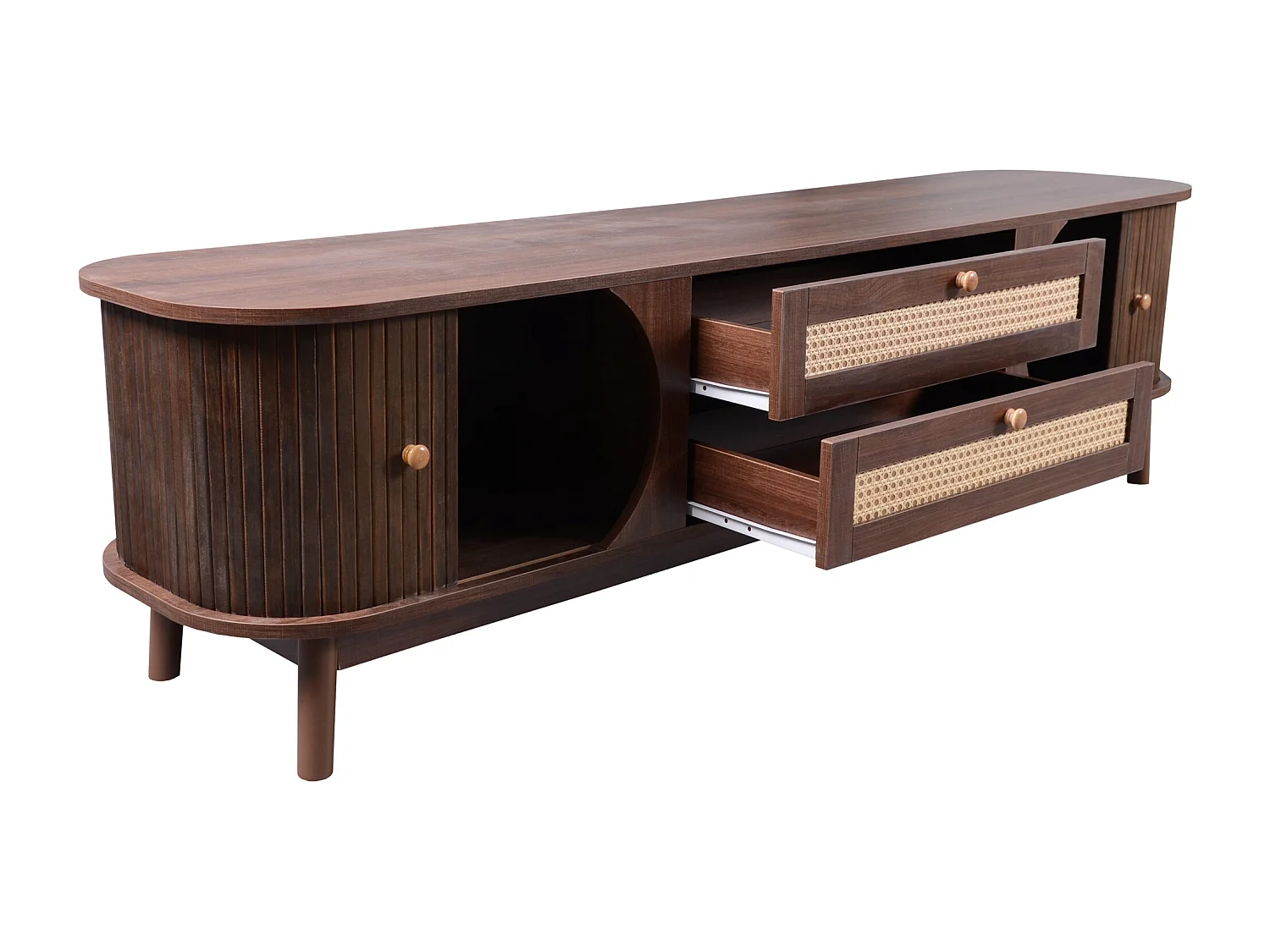 Meuble TV 170 x39.5x46 cm avec portes coulissantes et tiroirs en Rotin - naturel