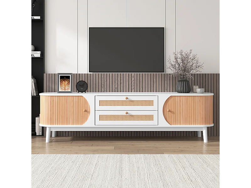 Meuble TV 170 x39.5x46 cm avec portes coulissantes et tiroirs en Rotin - Blanc