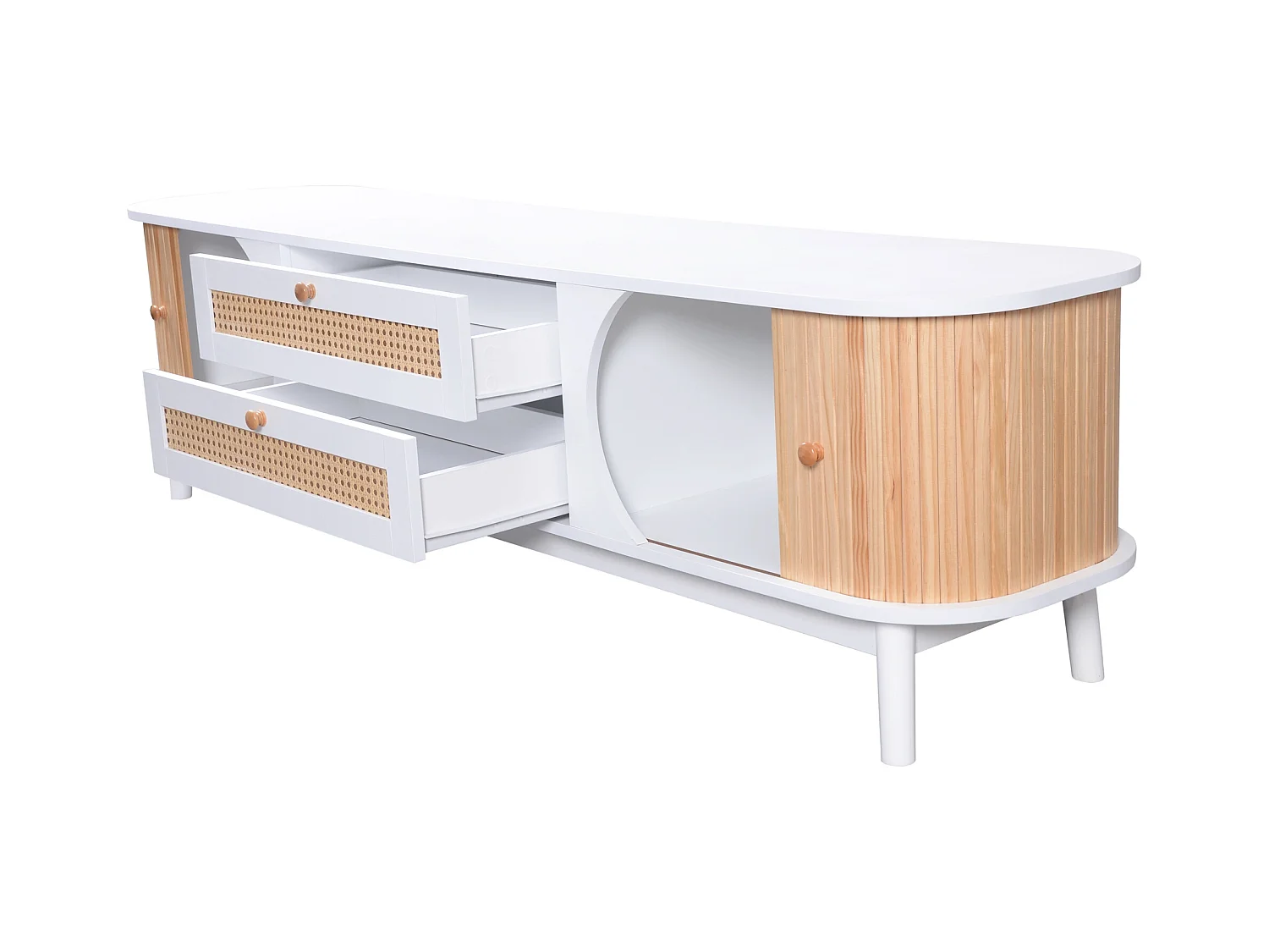 Meuble TV 170 x39.5x46 cm avec portes coulissantes et tiroirs en Rotin - Blanc