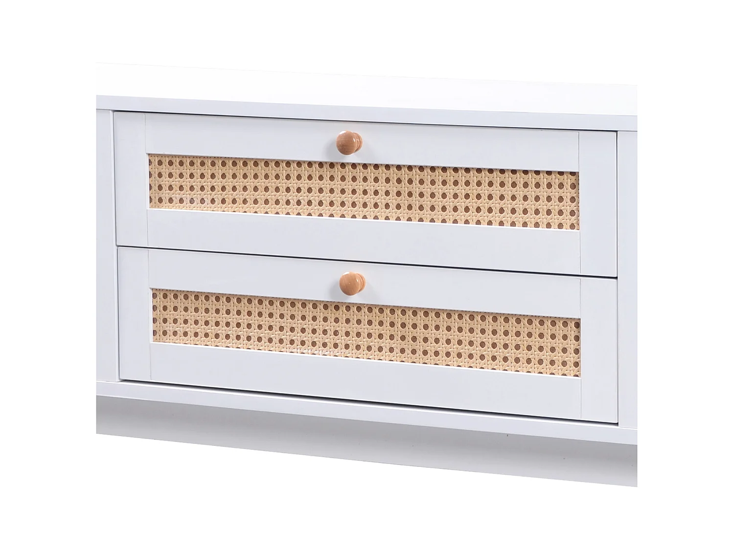 Meuble TV 170 x39.5x46 cm avec portes coulissantes et tiroirs en Rotin - Blanc