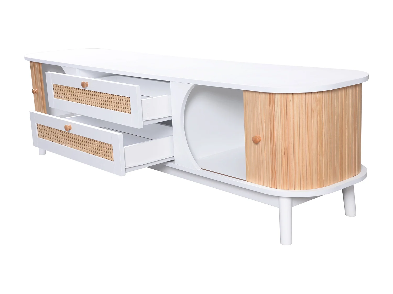 Meuble TV 170 x39.5x46 cm avec portes coulissantes et tiroirs en Rotin - Blanc