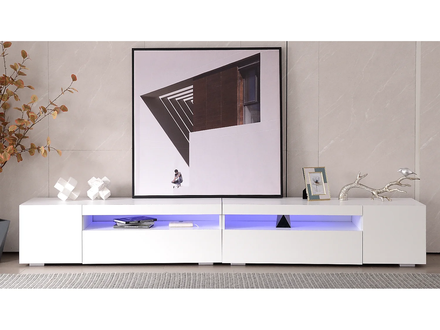 Meuble TV moderne 240x39x35 cm panneau lumineux LED variable - Blanc
