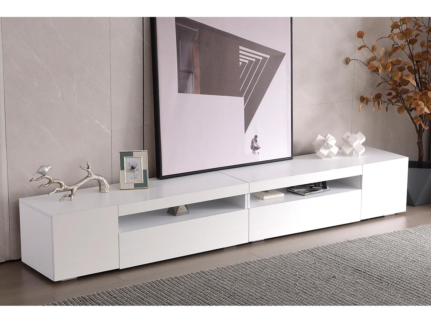 Meuble TV moderne 240x39x35 cm panneau lumineux LED variable - Blanc