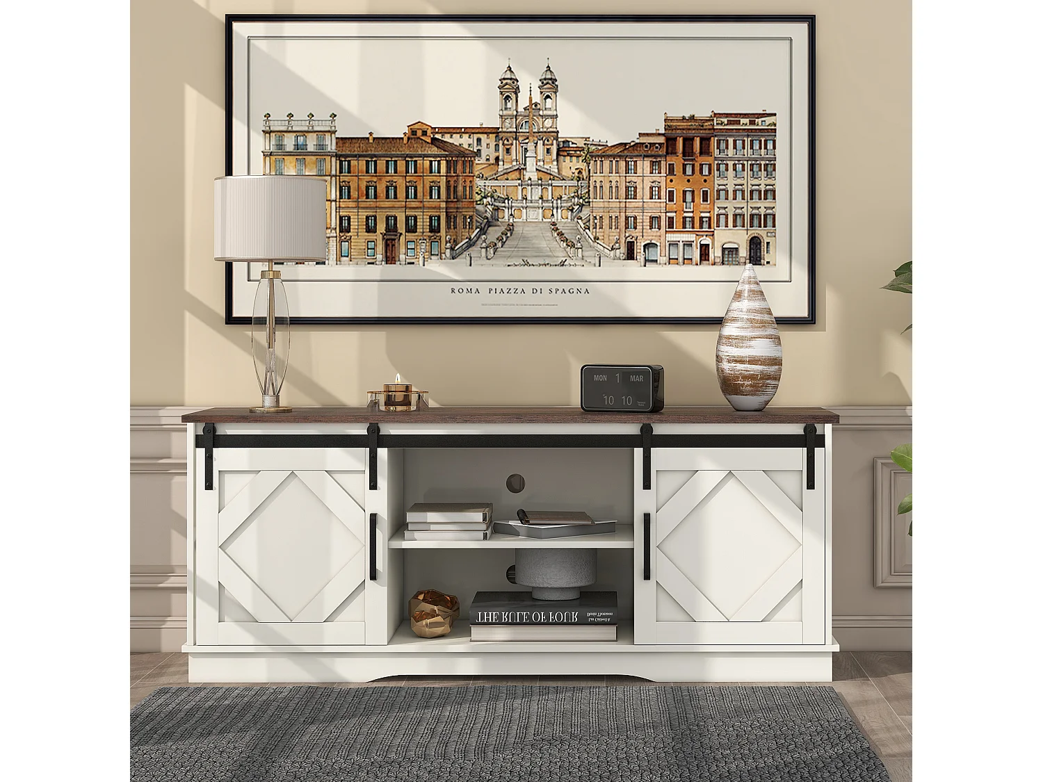 Meuble TV blanc avec 2 portes coulissantes et étagère de rangement - 150x40x60 cm
