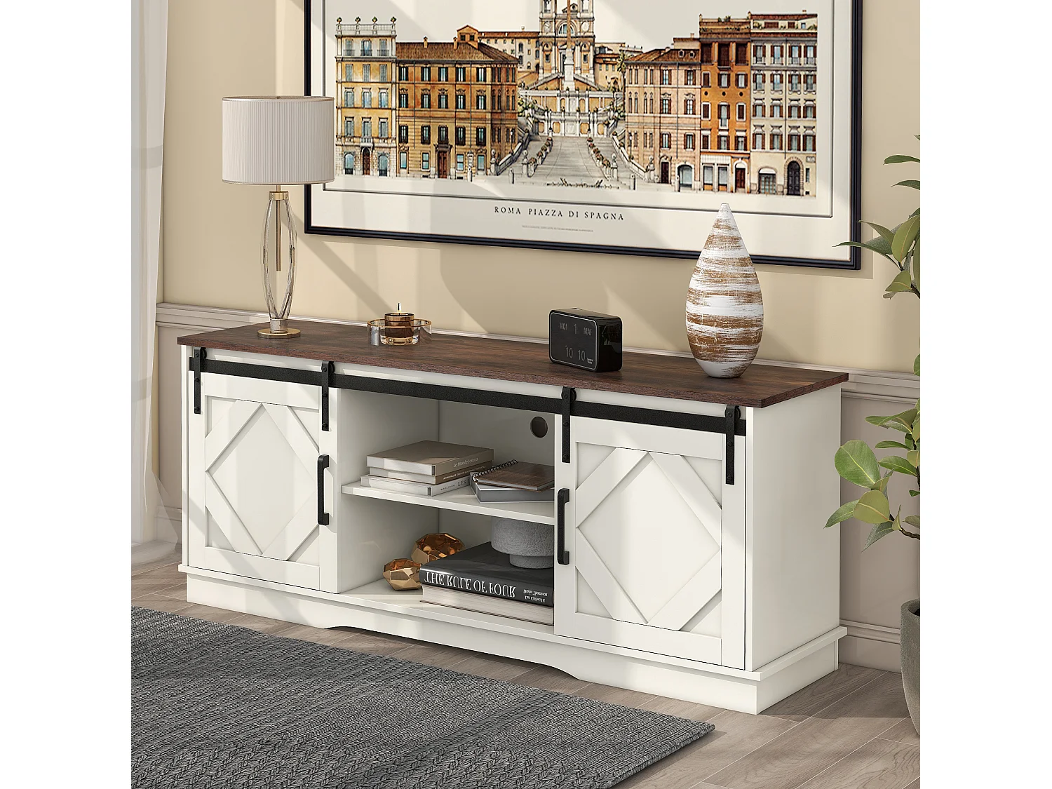 Meuble TV blanc avec 2 portes coulissantes et étagère de rangement - 150x40x60 cm