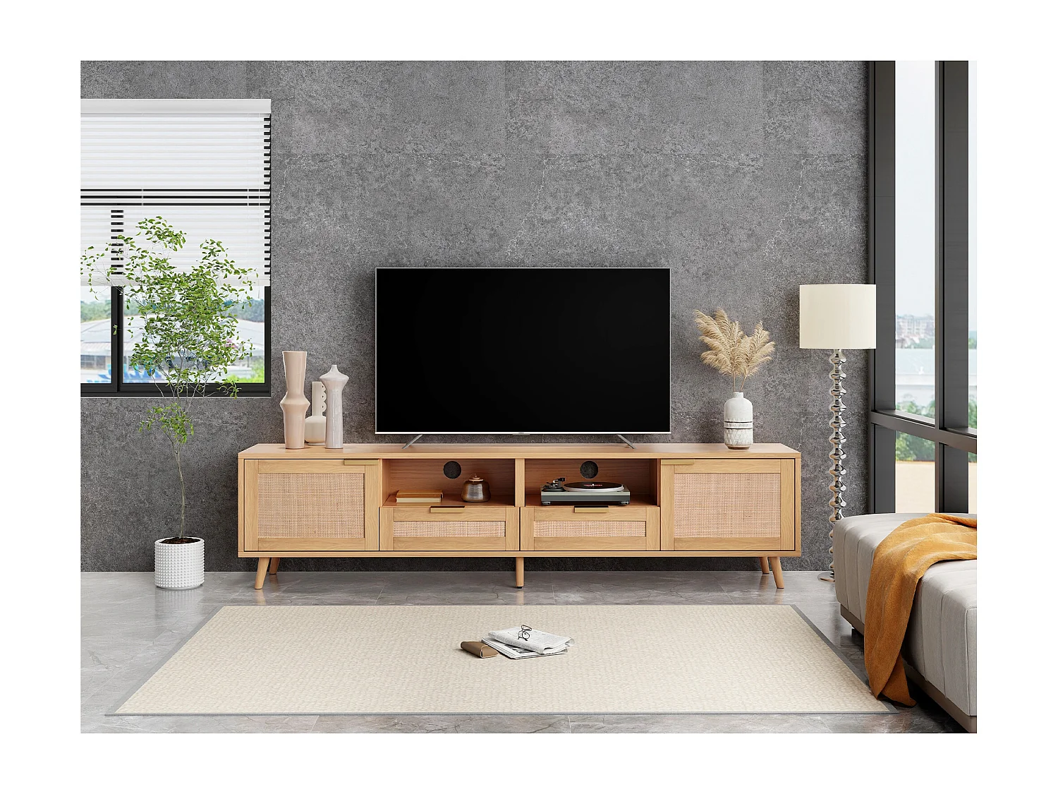 Meuble TV 200x37x49 cm en rotin - pieds en bois massif et planche TV en rotin tressé - naturel
