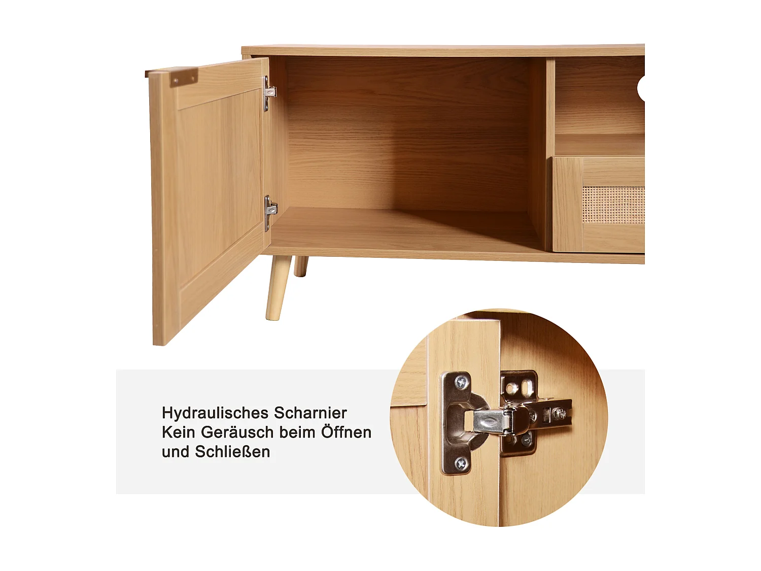 Meuble TV 200x37x49 cm en rotin - pieds en bois massif et planche TV en rotin tressé - naturel