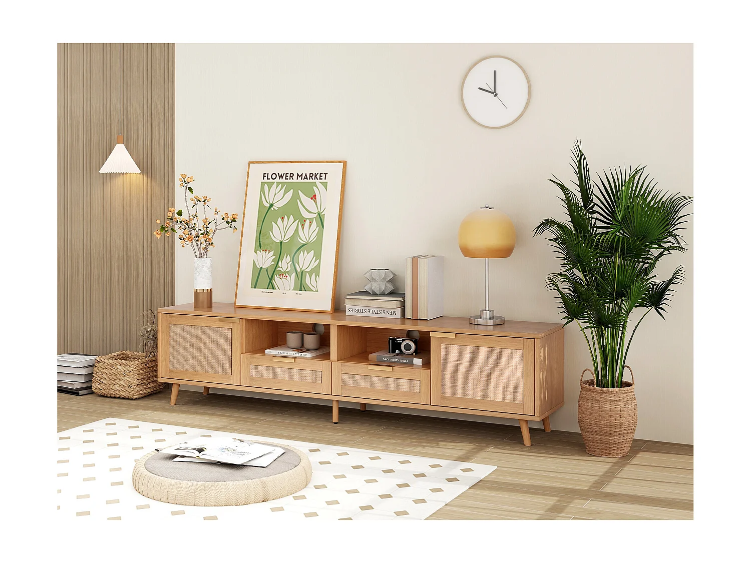 Meuble TV 200x37x49 cm en rotin - pieds en bois massif et planche TV en rotin tressé - naturel