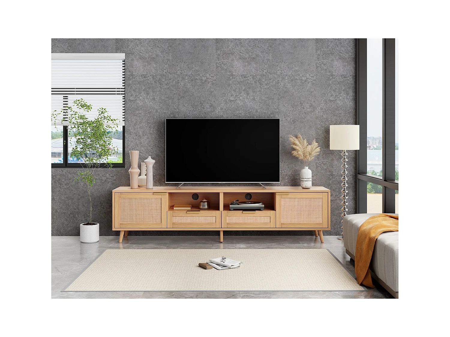 Meuble TV 200x37x49 cm en rotin - pieds en bois massif et planche TV en rotin tressé - naturel