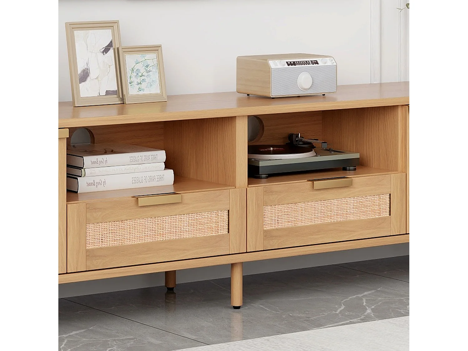 Meuble TV 200x37x49 cm en rotin - pieds en bois massif et planche TV en rotin tressé - naturel