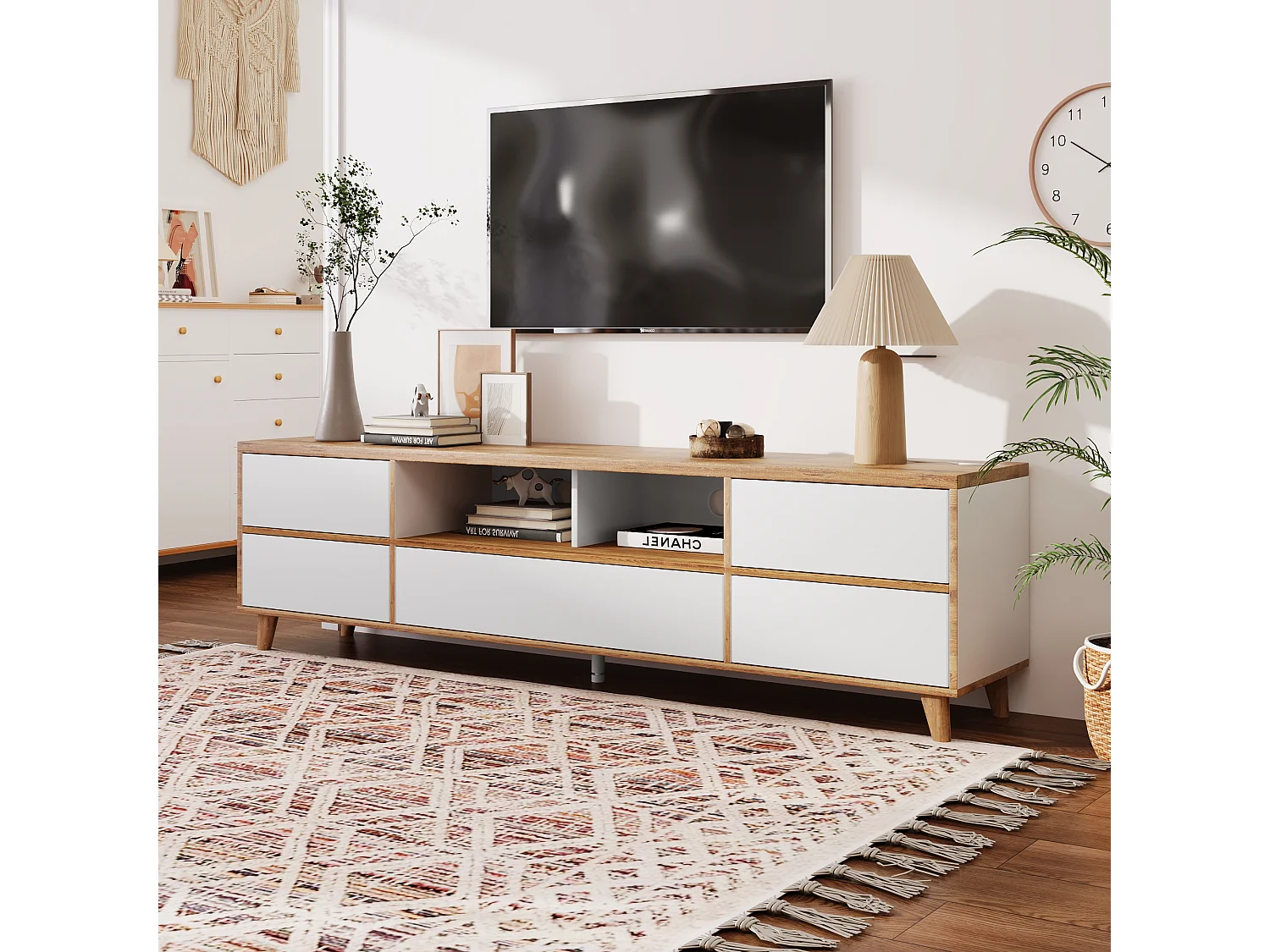 Meuble TV Style champêtre Compartiments et portes - Blanc et Naturel