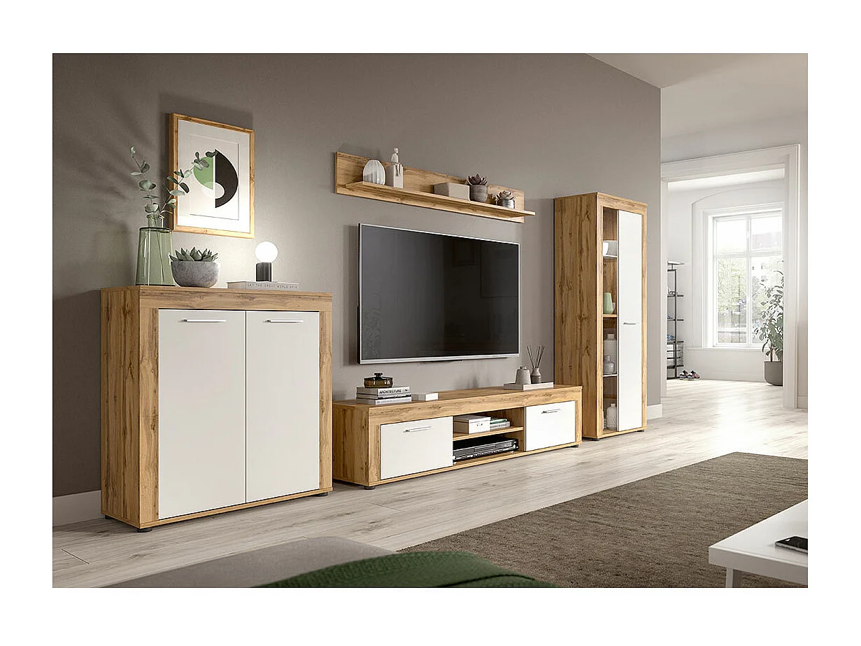 Aosta - Meuble TV en mélaminé blanc et chêne, L/H/P 160x37x40