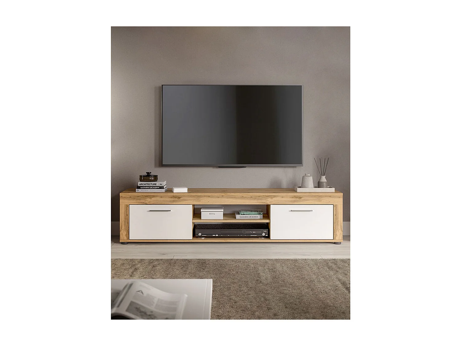 Aosta - Meuble TV en mélaminé blanc et chêne, L/H/P 160x37x40